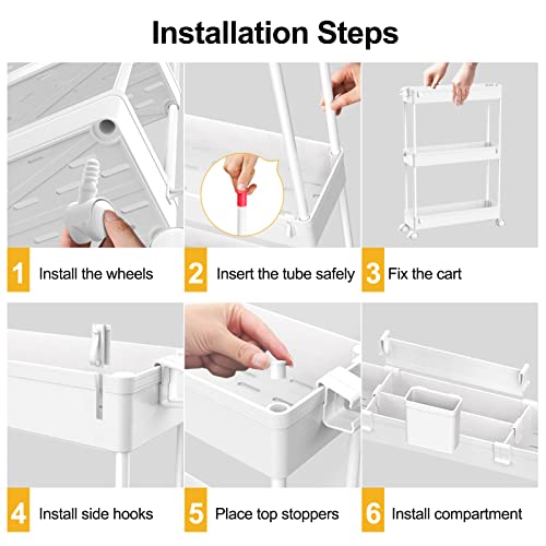 SPACEKEEPER Storage Trolley 3-Tier Rolling Utility Cart Storage Organization Slide Out Shelving Unit for Tight-Space Solution with Extra Accessories of Two Small Containers & Hooks White - Image 5