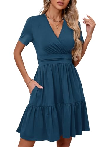 Image of Women's Casual Summer Dress V Neck Short Sleeve Flowy Stretchy Comfort Fit for Daily Wear Work Midi Dresses