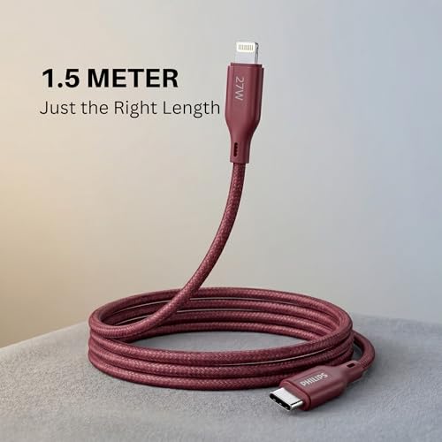 Image of PHILIPS DLC4150LI /94 27W iPhone Original Type-C to Lightning Fast Charging Cable (1.5m, Iron Red) | MFi Certified | 480Mbps Data Sync | Nylon Braided | Compatible with iPhone & Other Lightning Devices