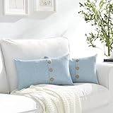 Set of 2 Light Blue Lumbar Pillow Covers 12 x 20 Farmhouse Linen Pillow Covers with Coconut Buttons...