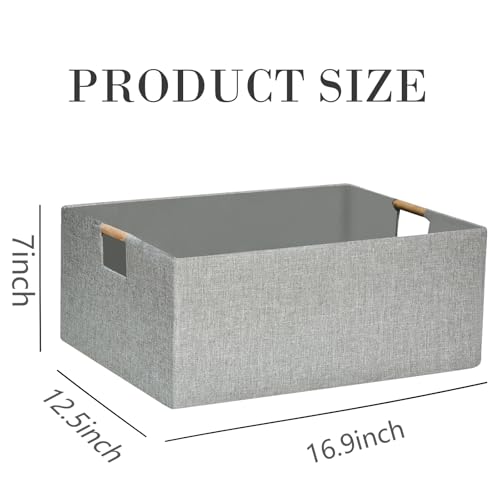 Image of Collapsible Storage Box for Women - Foldable Home Organizer 16.9x12.5x7Inches with Wooden Handles | Closet, Bathroom & Kids Room Storage | Heavy-Duty Linen Fabric 2Pack
