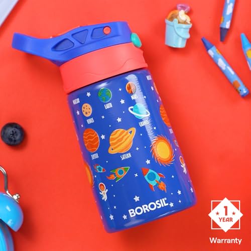 Image of Borosil 330 ml Space Design Kids Stainless Steel Bottle | ISI Certified Made in India | 8 Hrs Hot & Cold Double Wall Vacuum Insulated Flask | Push & Straw Lid | Powder Coated Finish | 1 Year Warranty
