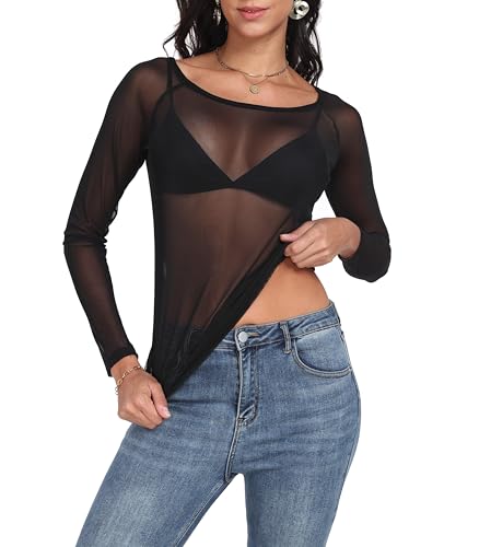 Womens Mesh Tops Long Sleeve Sheer Shirts Fitted Crewneck See Through Sexy Top Clubwear Party Club Night Blouses, Black, M