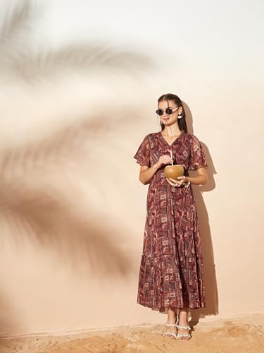Image of Miss Chase Women's Floral V-Neck Flutter Sleeve Wrap Chiffon Maxi Dress