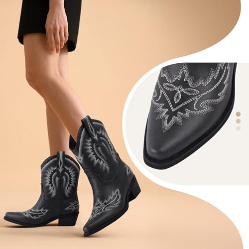 Image of LingxiaUne Cowboy Boots for Women Floral Cowgirl Boots with Pointed Toe and Chunky Heel Mid Calf Western Boot for Concert Festival Country Night Party