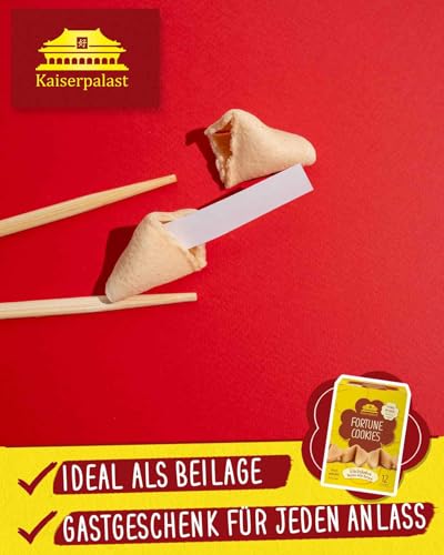 Kaiserpalast Glückskekse, knuspriges Süßgebäck als Snack oder Geschenk, einzeln verpackt in roter Folie, mit deutschem und englischem Spruch, vegan, halal, 12 Stück à 6 g (1 x 72 g)