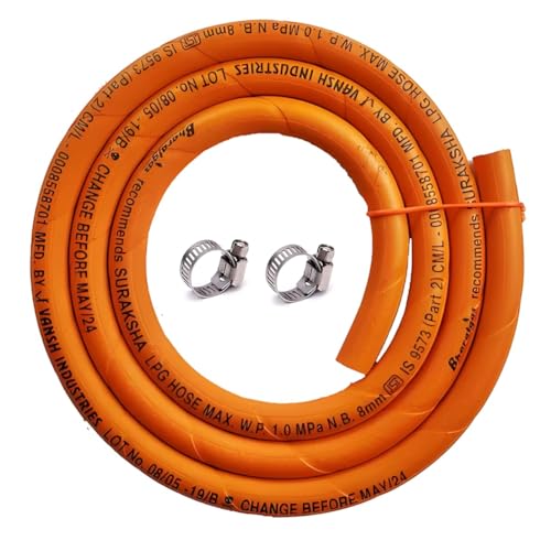 Image of LPG Gas Pipe - Steel Web Braided Hose with 2 Metal Clamps, 5 Years Warranty - Safe for Gas Stoves