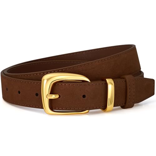 SANSTHS Women Suede Leather Belt for Dresses Jeans Fashion Gold Buckle Ladies Waist Belts,Coffee,S