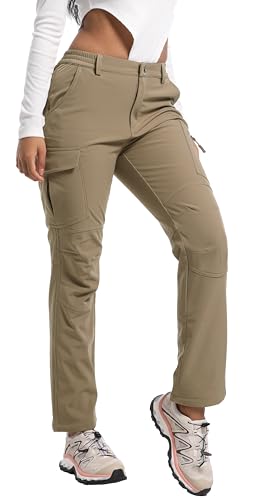 AREOUTS Women's Snow Ski Pants Fleece Lined Waterproof Softshell Insulated Winter Outdoor Hiking Cargo Pants Khaki XL