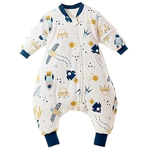 Chilsuessy Babywinterslaapzak, slaapzak met voeten, voor kleine kinderen, het hele jaar door, winterslaapzak, pyjama voor jongens en meisjes, met afneembare lange mouwen, ruimteschip, 2,5 TOG, 90 /