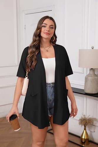 Image of IN'VOLAND Women Plus Size Lightweight Cardigan Short Sleeve Open Front Casual Summer Kimonos Cardigans with Pockets