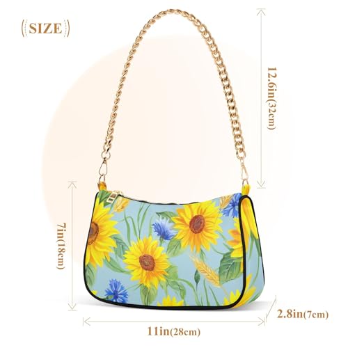 Bright Sunflowers Blue Floral Tote Handbag Womens Lady One Shoulder Bag Hobo Purse Clutch Zipper Closure Chain Strap3