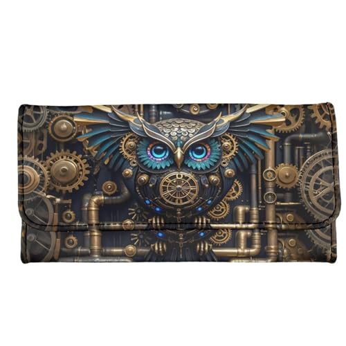 Mechanical Owl Bird Long Wallet for Women Steampunk Gears Pipes Printed PU Leather Slim Clutch Purse Wallet, Retro Victorian Clockwork Art Zipper Phone Organizer2