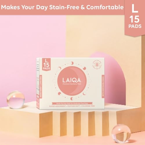 Image of LAIQA Ultra Soft Moderate Flow Sanitary Pads for Women| 10 Large Premium Pads with 10 Disposable Bag + 2 Free Pantyliners|Made with Natural Fibers|Rash-Free Pads with 4 wings|No Chlorine|No Fragrance