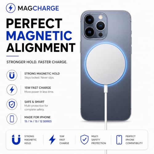 Image of Magnetic Wireless Charger for iPhone, 15W USB-C MagSafe Fast Wireless Charging Pad, Qi Compatible with iPhone 16 /16 Pro /16 Pro Max /16 Plus, 15 /14 /13 /12 Series (White)