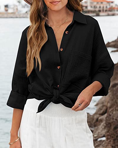 Image of NOLLSOM Casual Shirts for Women Long Sleeve Button Down Blouses Fall 2026 Solid Color Trendy Tops with Pocket