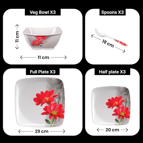 Image of Thermador Pack of 12 Melamin Dinner Set Red White | Dinner Sets | Melamine | Dinner Set for Wedding Gift | Quarter Plates Set of 12 | 12 Pieces | Red White | Dinnerware Set
