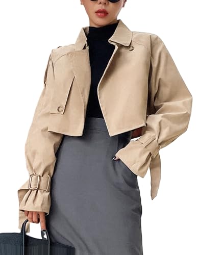 Kedera Women's Cropped Trench Coat Long Sleeve Casual Jacket Classic Double-Breasted Lapel Overcoat Fashion Outerwear