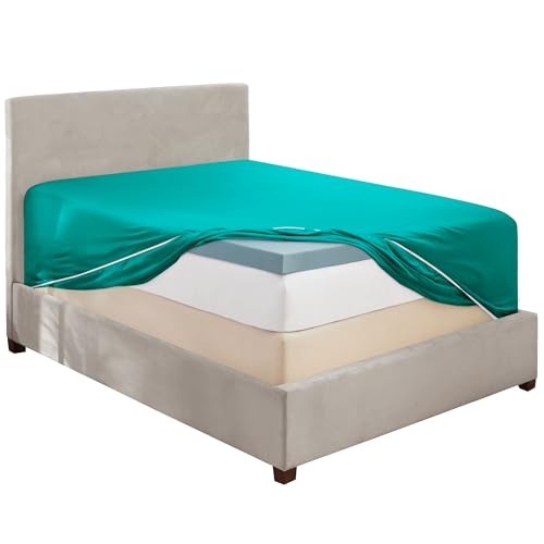 Image of Hearth & Harbor Extra Deep Pocket Full Fitted Sheet - Fits 18 to 24 Inch Mattress - Ultra Soft 1800 Microfiber, Wrinkle-Free & Breathable - Hotel Luxury Fitted Sheet Only, Teal