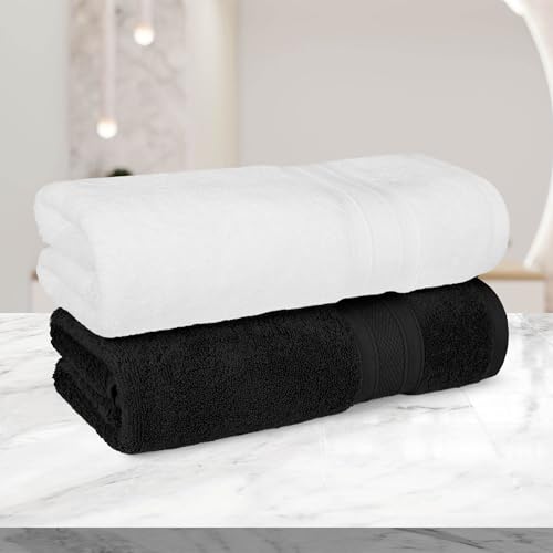 Image of MYTRIDENT Soft Comfort Air Rich 100% Cotton Towels for Bath, 500 GSM Large Size Bathroom Towels for Men /Women, 2PC Bath (69 cm x 137 cm), Black and White