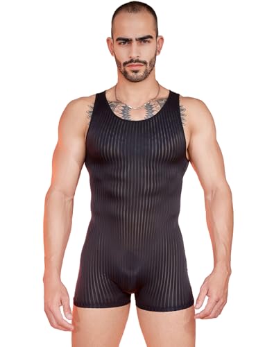 Metelam Sleeveless Striped Singlets for Workout Fitness and Exercise One Piece Bodysuit for Cycling Gymnastics and Dance Fitness Slim Fit Wresting Suit with Scoop Neck and Boxer Short Design