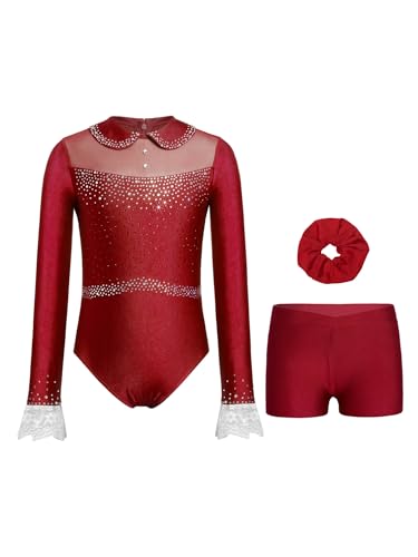 Agoky Conjunto De Gimnasia De Tres Piezas para Niña Maillot Mangas Largas+ Pantalones con Cintura Elastico Disfraz De Bailarina borgoña 11-12 años
