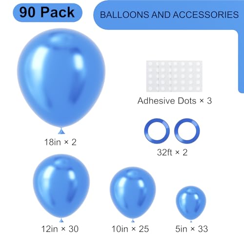 Image of Voircoloria 90pack Metcllic Blue Balloons Different Size 18 /12 /10 /5 Inch Metcllic Blue Balloon Garland Arch Kit for Graduation, Wedding, Birthday, Valentine's Day Party Decorations