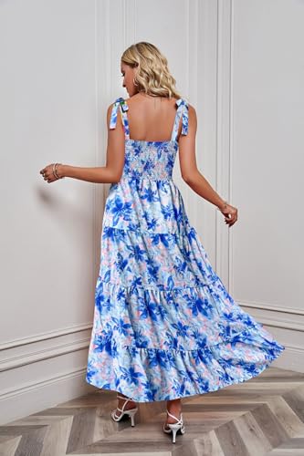 Image of kinstell Women's Summer Boho Spaghetti Strap Square Neck Ruffle Casual Flowy Long Dress Beach Swing Party Maxi Dress