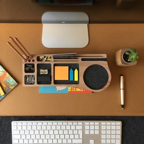 Image of Wooden Desk Organizer with Phone Stand, Multi-Compartment Stationery Holder, Natural Wood Finish (STYLE-1)