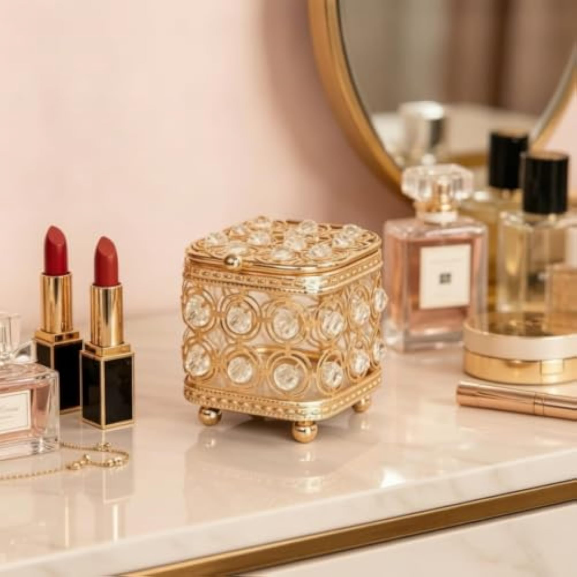Gold-Tone Decorative Jewelry Box with Crystal Embellishments