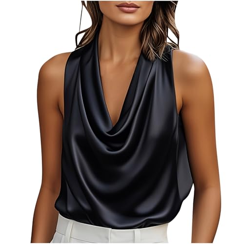 Débardeur Satin Femme Champagne Blouse Haut En Satin Chic Et Élégant Débardeur À Col Bénitier T-Shirt Couleur Unie Tank Top Chemise Sans Manche Vetement Funky Haut Décontracté Pour Mariage Travail