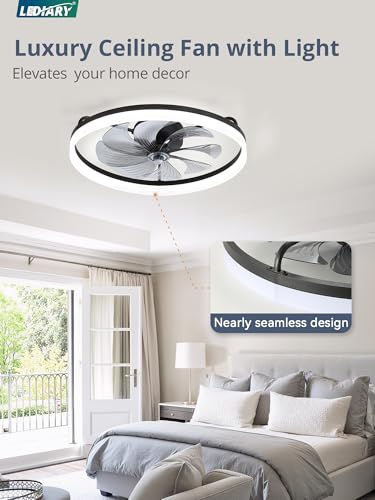 Image of LEDIARY Ceiling Fans with Lights, 23 inch Low Profile Flush Mount Ceiling Fan, Dimmable LED, APP & Remote Control, Quiet Reversible DC Motor, 6 Speeds, Fandelier for Bedroom, Black