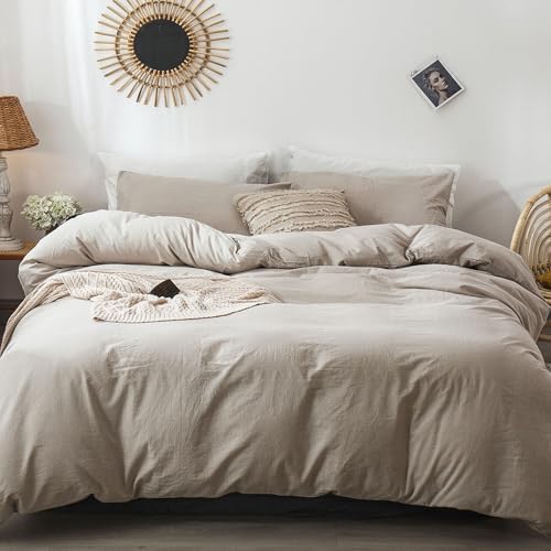 MooMee Duvet Cover Set 100% Washed Cotton Linen Like Queen - 4