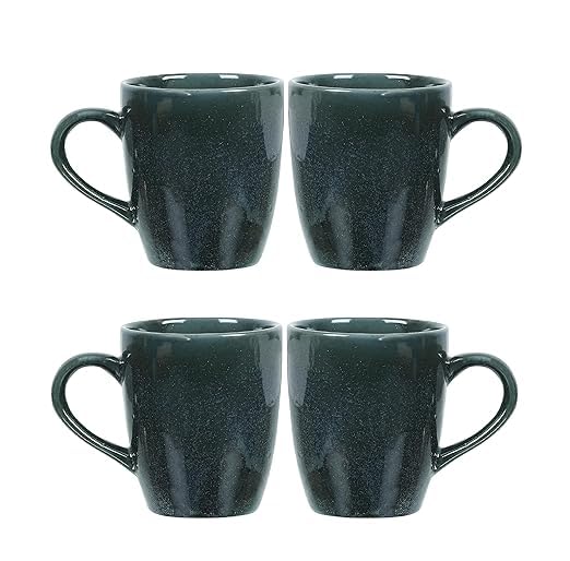 Image of QIMACPLUS Indian Handcrafted Ceramic Stylish Dark Green Colour Finish Elegant Design Plain Sparkling Print Ceramic Cup Mug 350ML (Pack of 4)