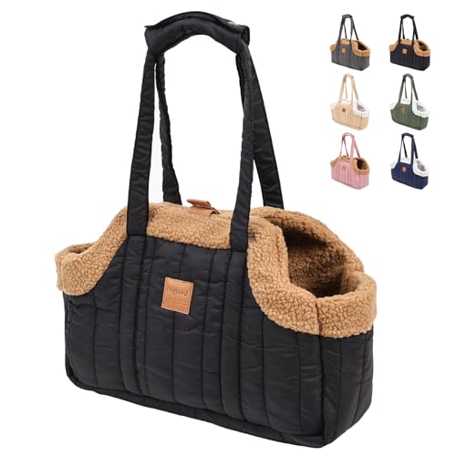 ETIAL Small Dog Carrier Purse, Winter Fleece Warm Dog Tote Bag Carrier with Secure Harness Clip for Puppy Kitten, Waterproof Pet Travel Handbag for Shopping, Hiking and Walking (Black)