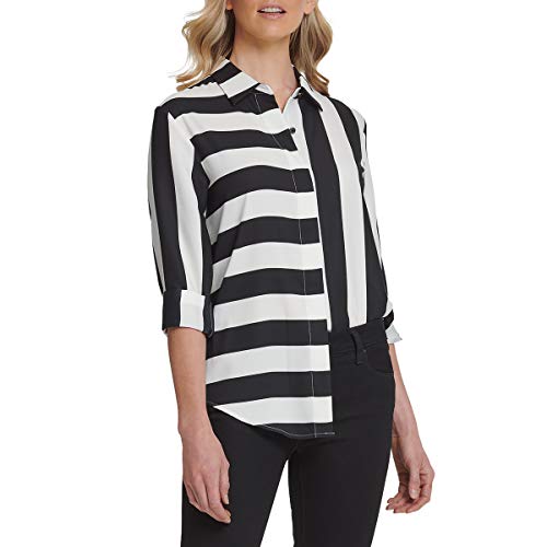 Dkny Sportswear Womens Collared Business Casual, Loose Woven Blouse Long Sleeve Top, Black Ivory, Medium Us #TOP5