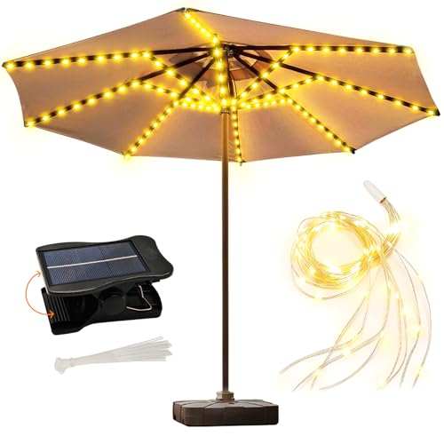 ZNYCYE Solar Umbrella Lights, 8 Strands Patio Umbrella Lights Outdoor with 8 Modes 3V Solar Panel Clip 112 Led Outdoor Waterproof for Beach Deck Garden Camping Tents Party Decoration(Warm White)
