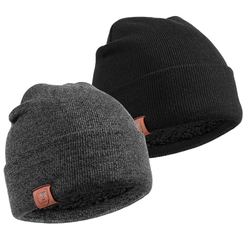 OZERO Zimowa czapka beanie, czapka dzianinowa czarna: 2 sztuki w zestawie, czapka zimowa, czapka wełniana dla mężczyzn i kobiet, szary, Rozmiar uniwersalny