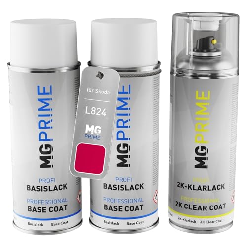 MG PRIME Peinture voiture kit bombe aérosol 2c pour Skoda L824 / 7G Himbeerrot/Rouge Framboise bombe aérosol couche de fond, de base, 2 composants vernis
