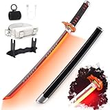 RENGENG Light Up FireGod Tanjiro Sword, 30 Inches Rechargeable Pre-Assembled Plastic Replica with Belt & Stand & Spinner, Original Texture Sword
