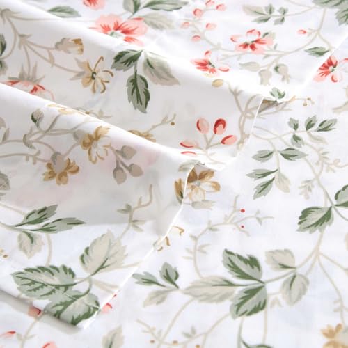 Image of Laura Ashley - Queen Size Sheet Set, Crisp & Lightweight Cotton Percale Bedding with Fitted Sheet and Pillowcases, Floral Room Decor, Deep Pocket, College Dorm Room Essentials (Meadow Floral Beige)