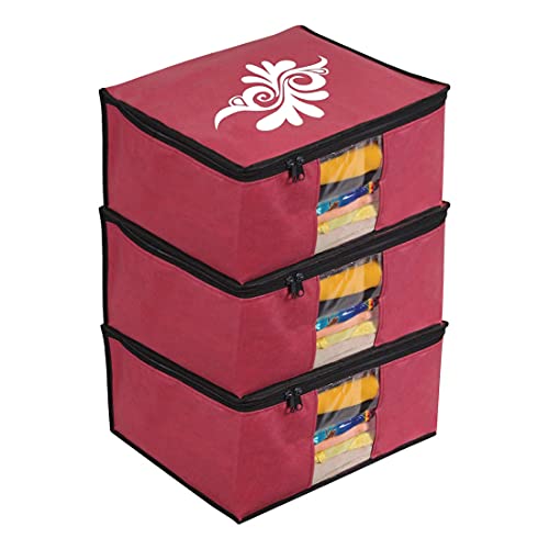Image of PrettyKrafts Large Saree Cover With Creative Prints, Wardrobe Organiser, Clothes Cover & Storage, Zip Closure and Transparent Window | Clothes Storage Bag | Set of 3, Multi | Size: 40 x 35 x 20 cm