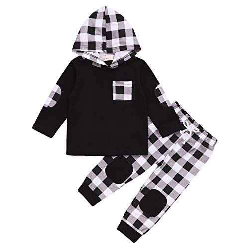 Toddler Kids Baby Boy Girl Clothes Long Sleeve Plaid Pocket Hoodie Sweatshirt Pants Outfits Set (5-6X,White Black Checkered)