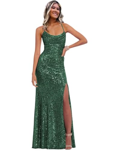 Image of Stylefun Women's Halter Mermaid Prom Dresses with Slit Long Sequin Formal Cocktail Party Dress STN027