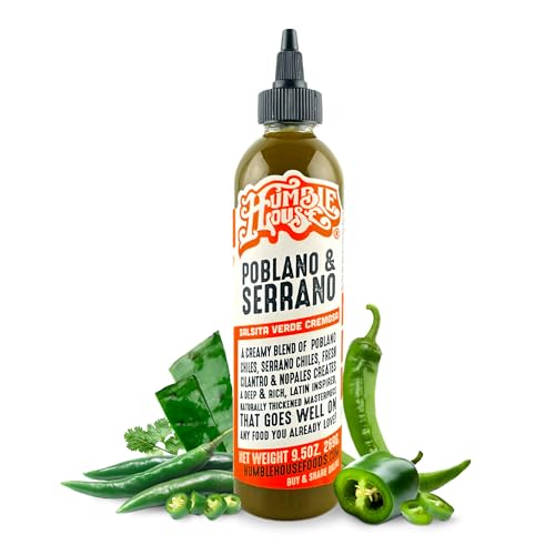 Humble House - Poblano & Serrano Pepper Hot Sauce, Zero-Calorie Low-Sodium Vegan Condiments for Chicken Wings, Tamales, Tacos, Sopes & More, All-Natural Preservative-Free Sauces for Food, 9.5 oz (1