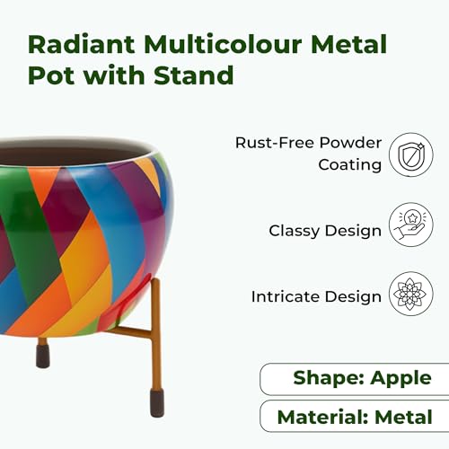 Image of Natural Earth Metal Flower Vase Planter Pot with Iron Stand | Decorative Plant Cachepot for Indoor & Outdoor Use | Succulent Pot for Home & Garden Decor (Geometric Multicolour)