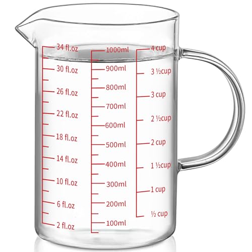 Luvan 1000 ml/4 Tazas/34 oz Taza Medidora de Vidrio, Taza Medidora de Líquidos con Mango y Pico en Forma de V, Perfecta para Mezclar y Cocinar, Apta para Lavavajillas/Congelador/Microondas