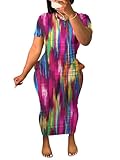Women's Casual Short Sleeve Dress T Shirt Bodycon Dresses Ribbed V Neck Maxi Sundress Basic Party Club Dress with Pocket-Color Block-XXL