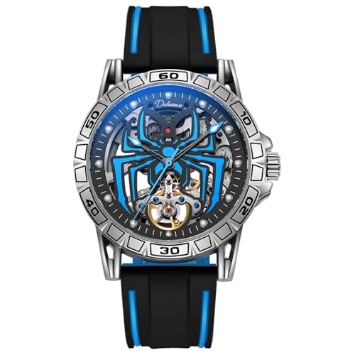 DAXIAOYU Reloj mecánico Tourbillon con personalidad totalmente automático para hombre, diseño de araña de esqueleto hueco, reloj conceptual de agujero de gusano, impermeable, luminoso, moderno, Azul,