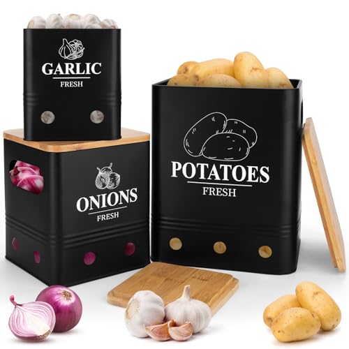 TAVADA Lot de 3 Boite Pomme de Terre,boîtes de rangement pour pommes de terre, oignons et ail avec Couvercle en Bambou – Noir,empilable,ventilation pour...